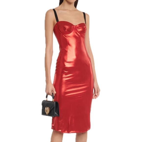 DOLCE & GABBANA Red Laminated Bustier Midi Dress 40 S - Picture 1 of 7